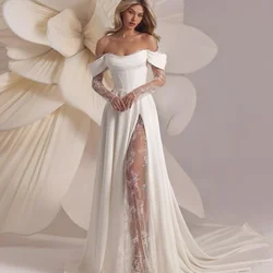 Fashion Off The Shoulder Wedding Dresses Lace Appliques White Satin A-Line Gowns Elegant Chic Sweep Train Bridal Dresses