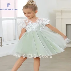 Flower Girls Dresses Bridesmaid Kids Lace Appliqué V-Neck Bow Backless Short Sleeves First Communion Wedding Customize Dresses