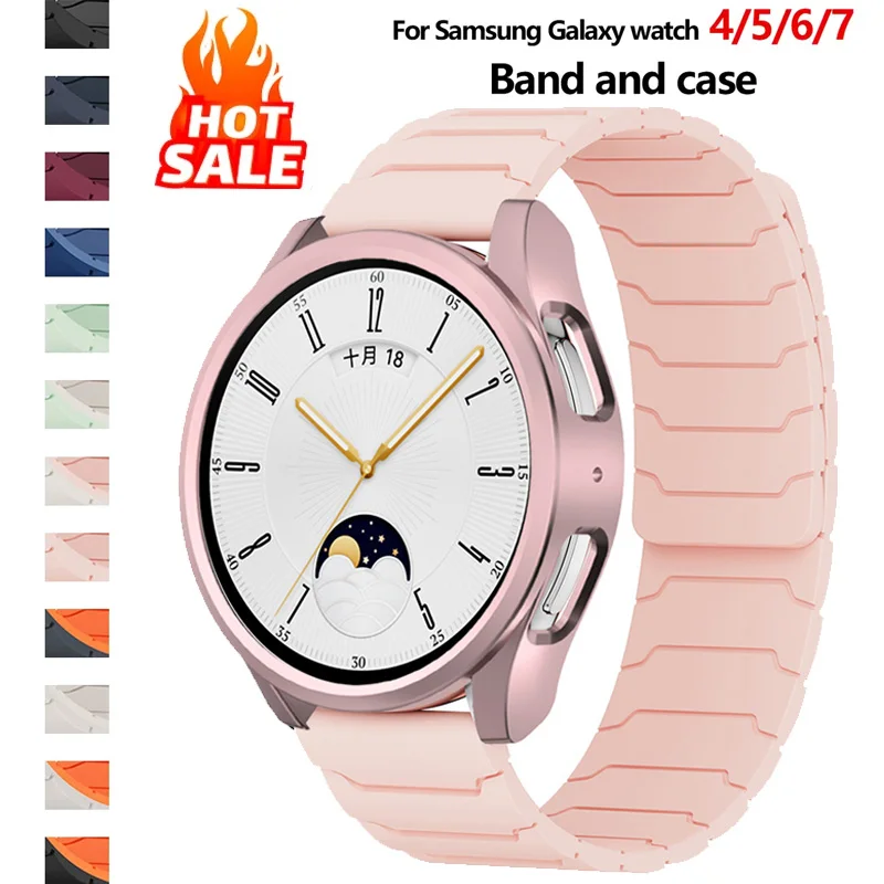 Armband + Hülle für Samsung Galaxy Watch 4/5/6/7 40 mm 44 mm PC Hohlschutz Stoßstangenabdeckung Magnetisches Silikonband Handgelenkzubehör