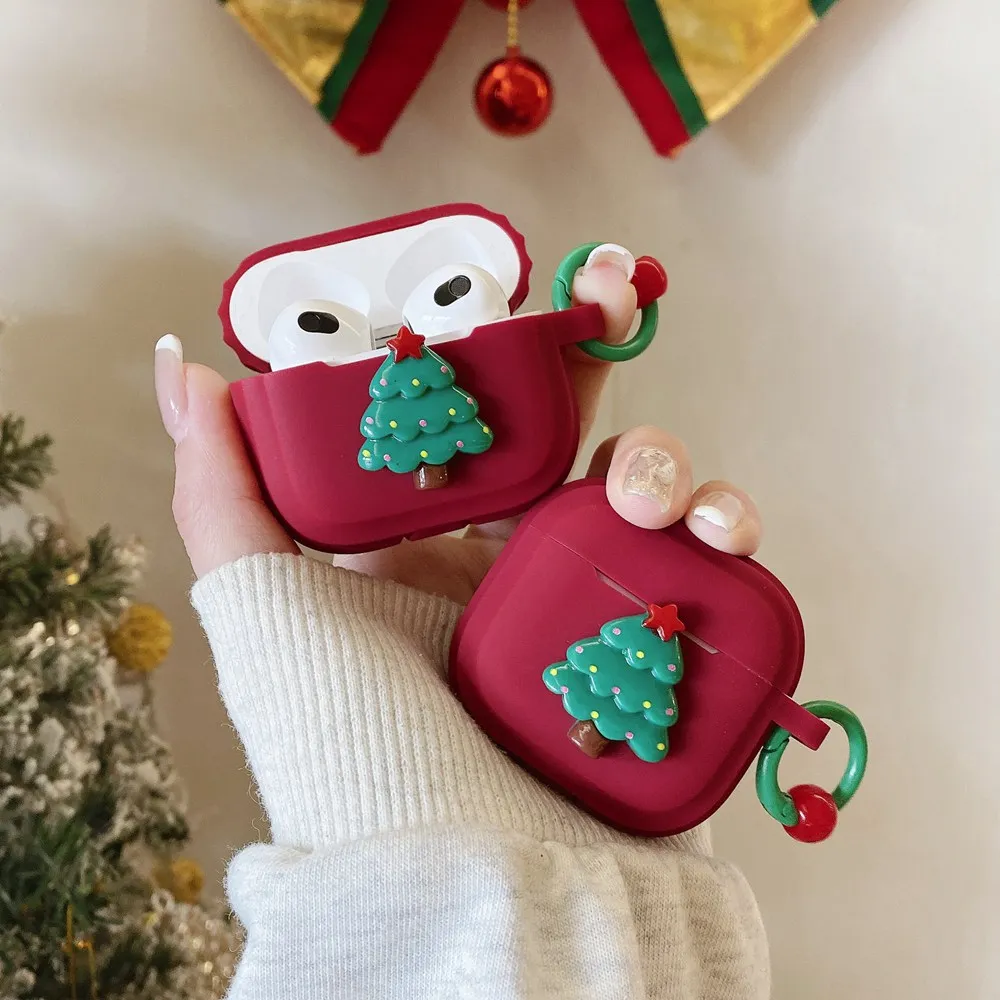 

3D Christmas Tree Wine Red Silicone Earphone Case For AirPods 4 3 2 Headset Charging Box Cover With Keychain For AirPods Pro 2