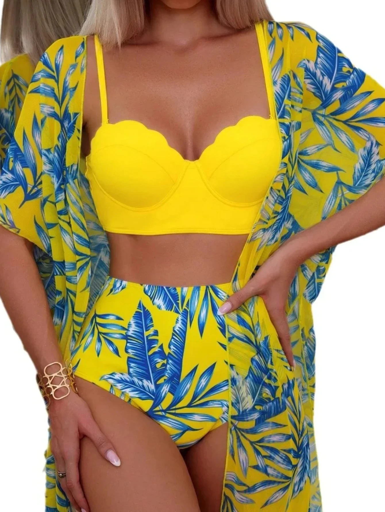 

Waist Leaf Print Bikini Swimsuit with Net Cover up Slimming Design Cross-Border