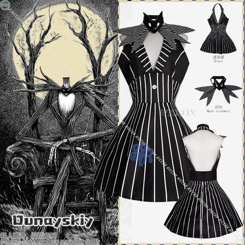 فستان أنيمي أنيمي الهالوين للحفلات التنكرية {NinoNiko Cosplay} Skully Genderswapped أسود أبيض مخطط بدون أكمام بدون ظهر #1