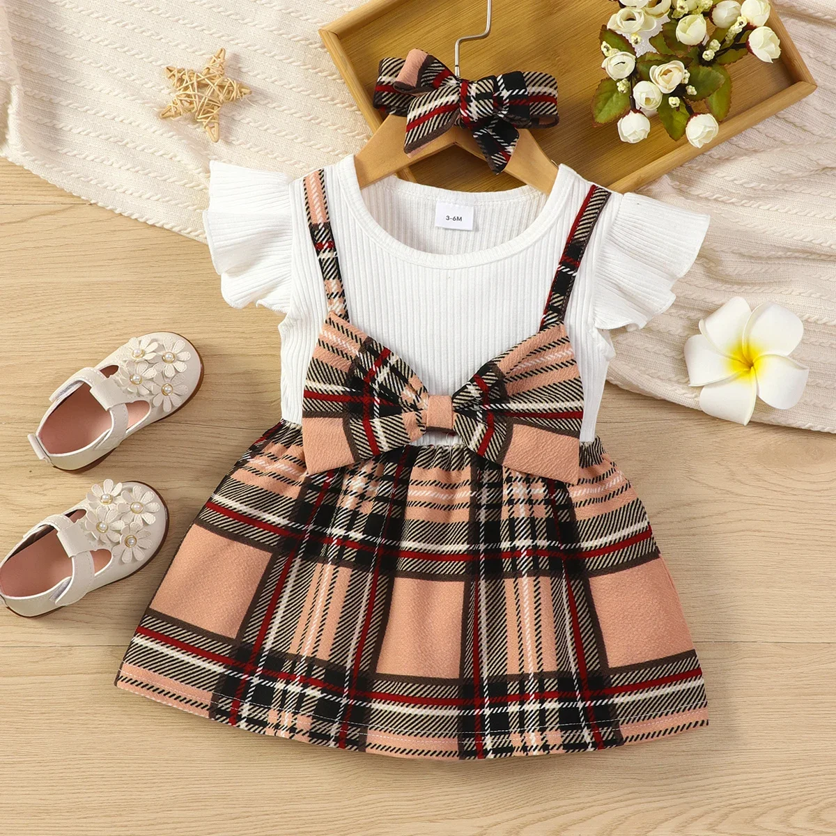 PatPat 2pcs Baby Girl 95% Cotton Ribbed Flutter-sleeve Splicing Plaid Bowknot Dress with Headband Set Soft and Comfortable