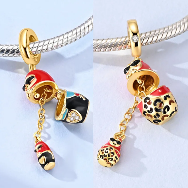 Original 925 Sterling Silver Charm Gold Openable Leopard Print Matryoshka Nesting Doll Pendant Beads Fit Bracelet Women Jewelry