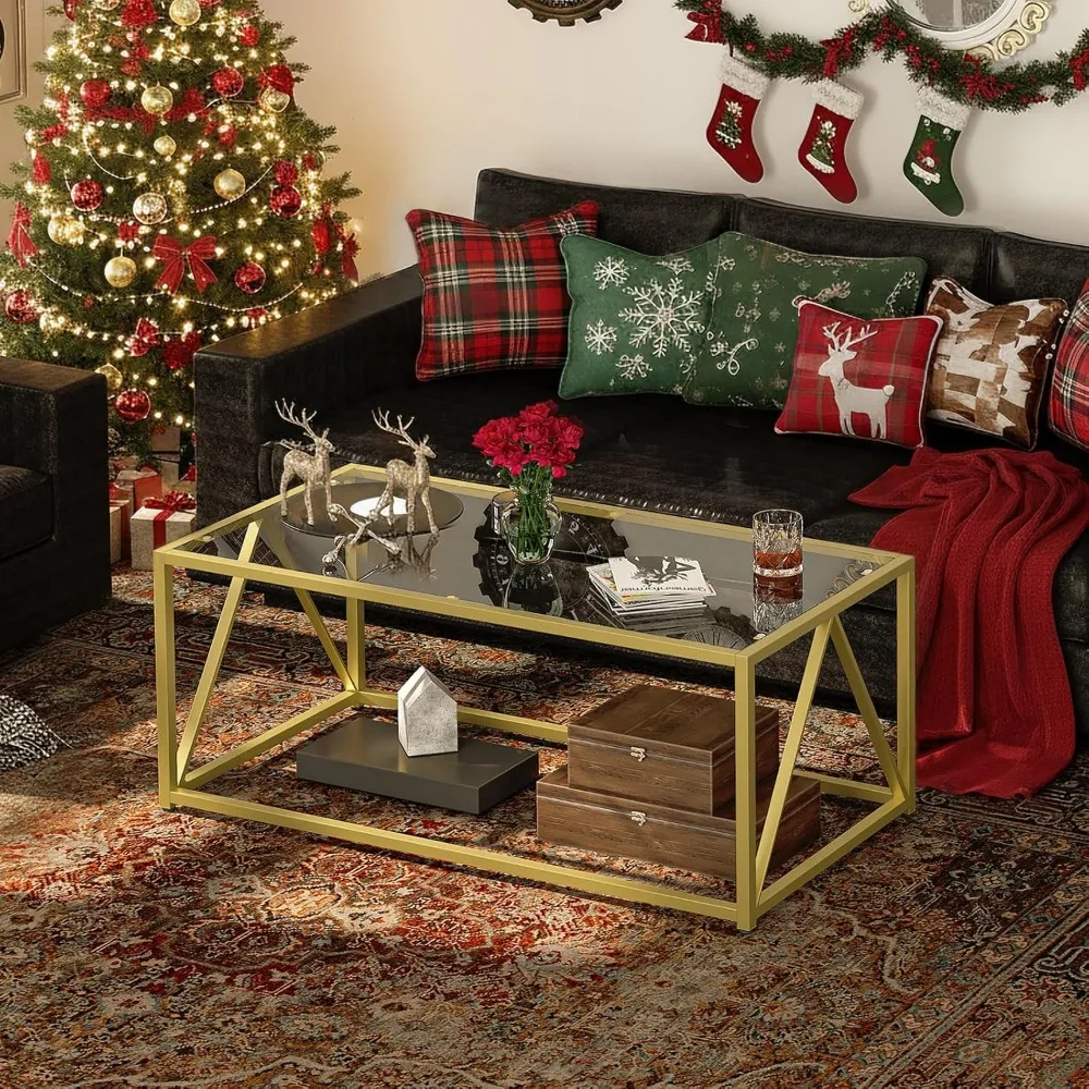 Gold Glass Coffee Table Modern Living Room Center Table Easy Assembly 39.4x19.7x17.7 Inches