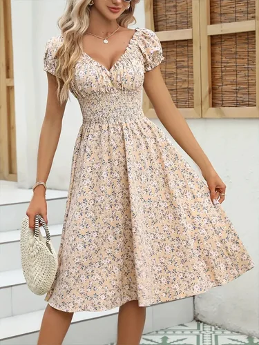 Imagen 2 del producto Vestido floral vintage con puños esponjosos y cintura plisada, adecuado para ropa de playa de verano para mujer y fiestas de verano.