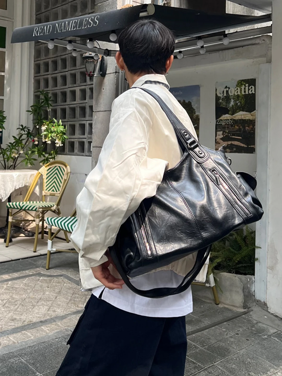 NIN Retro Large Capacity Tote Crossbody Bag Unisex Harajuku Commuter Handbag Single Shoulder Square Shape PU Pure Color