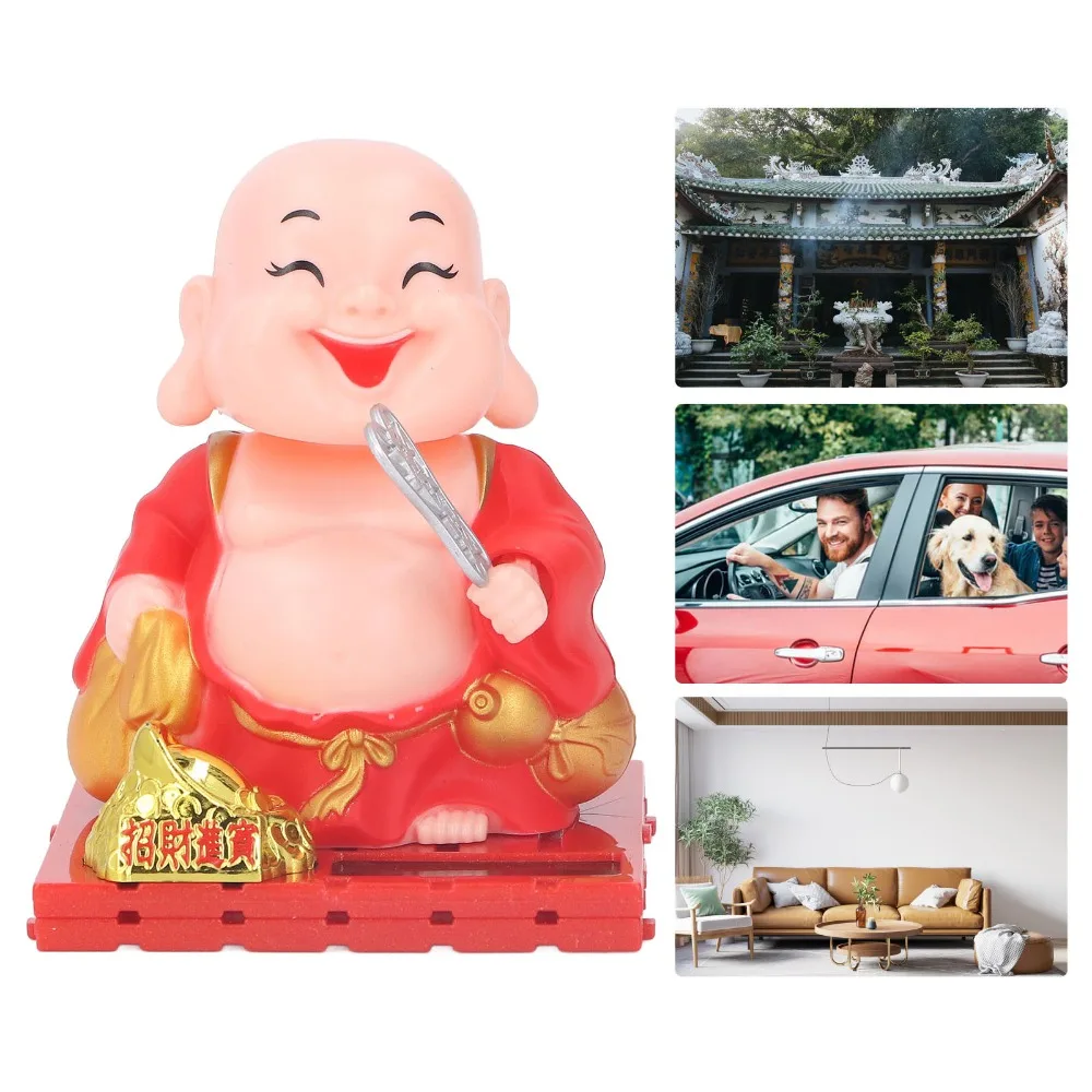 Plastic Solar Nodding Buddha Figurine Gold & Red Square base Solar Powered Maitreya Ornament 2.95x3.54in