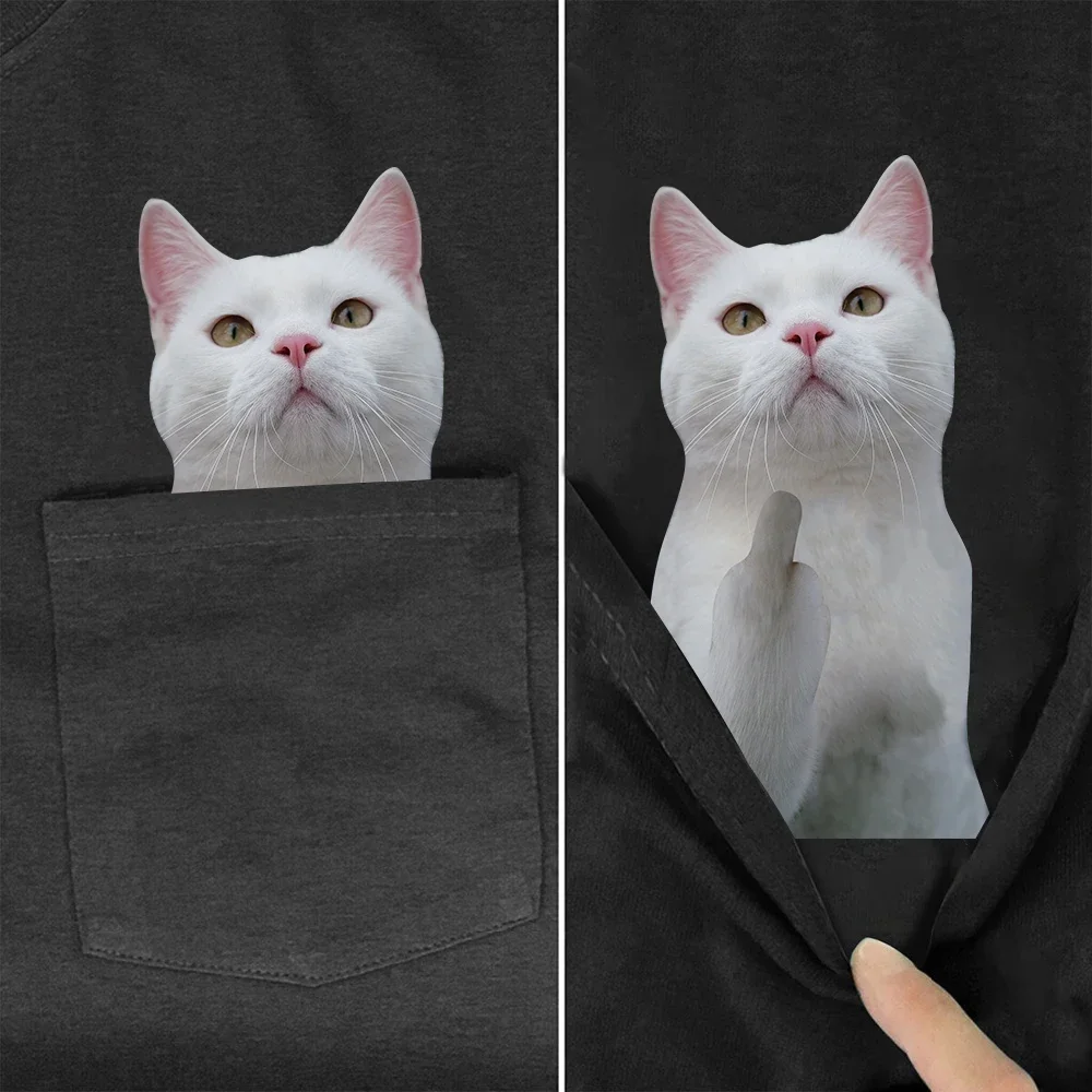 CLOOCL Animal T-Shirt Funny White Cats Middle Finger Pocket T-shirt Men's Women Shirts Summer Short Sleeve Tops Cotton Tees image 2