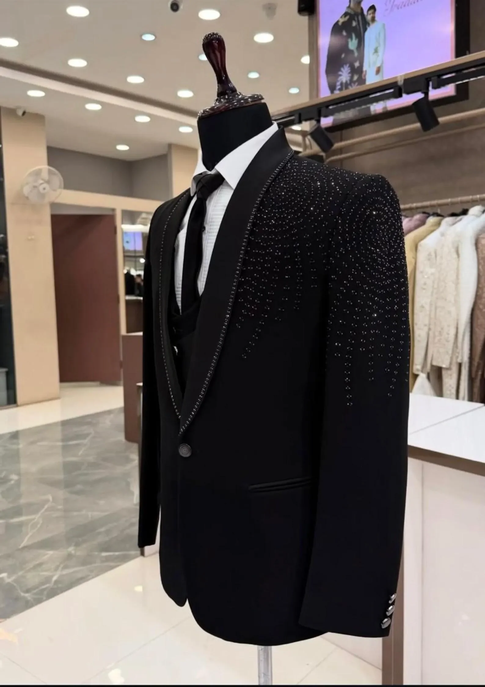 Luxury Men's Black Tuxedo Suit Classic Fit 2 Piece Set High Quality Slim Fit Beaded Crystals Wedding Groom Fashion