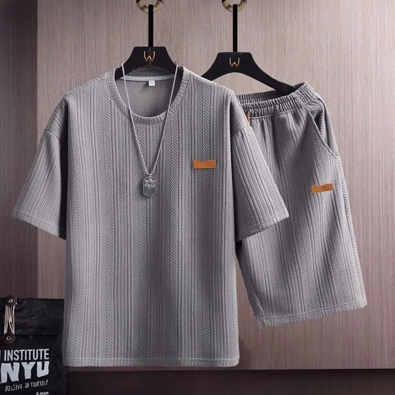 여름 패션 솔리드 컬러 스포츠 피트니스 반팔 티셔츠 세트 남성 느슨한 편안한 통기성 대형 투피스 세트