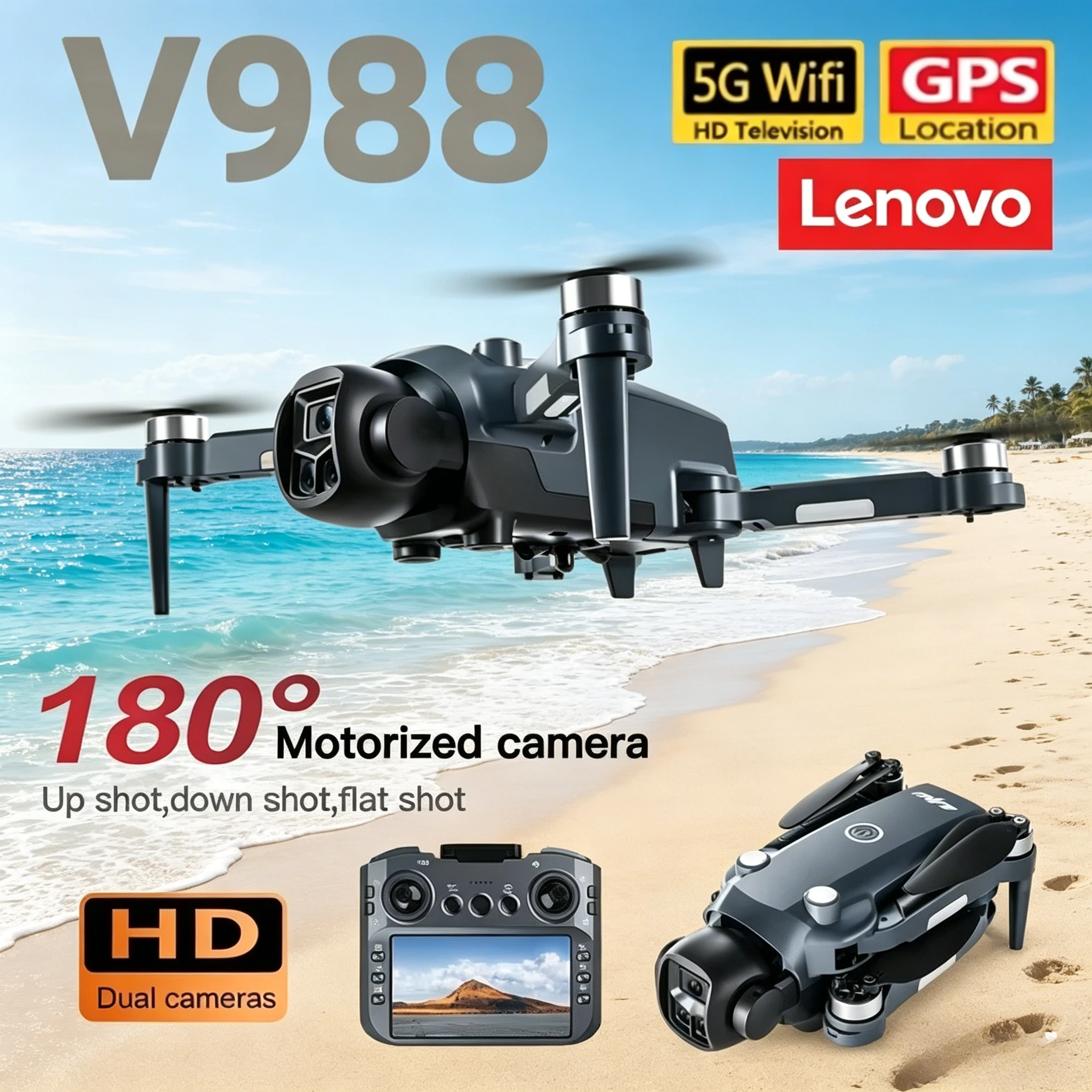 

Дрон Lenovo V988 Professional 8K HD с двойной камерой, пультом дистанционного управления, большим экраном, 5G WIFI FPV, складной квадрокоптер RC