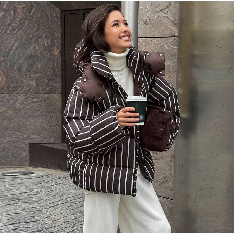 2026 Winter Autumn Stripe Cotton Padded Jacket For Women Warm Long Sleeve Zipper Hooded Coats Lady Street Chic Outdoor Outerwear