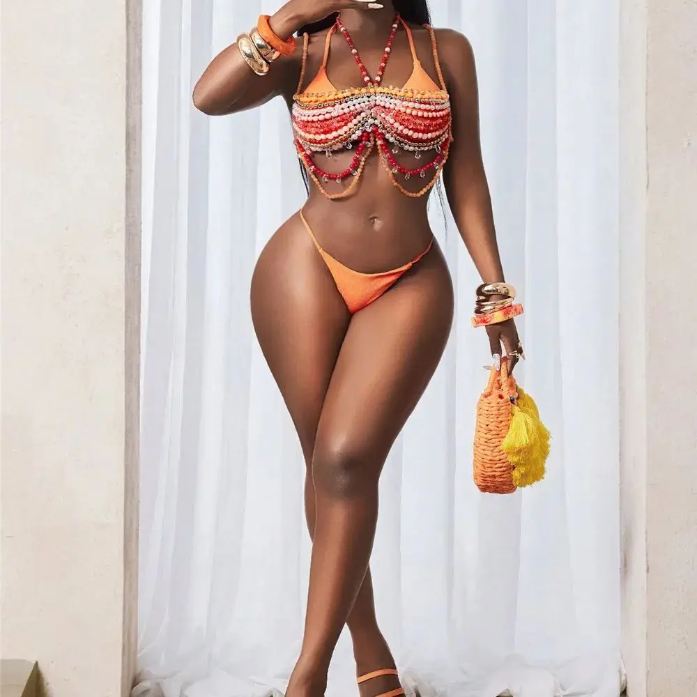 สีสันลูกปัด Body CHAIN COVER-Up สําหรับผู้หญิงสไตล์โบฮีเมียน Halter TOP สาวร้อนไนท์คลับประกายเพชรหน้าอก CHAIN