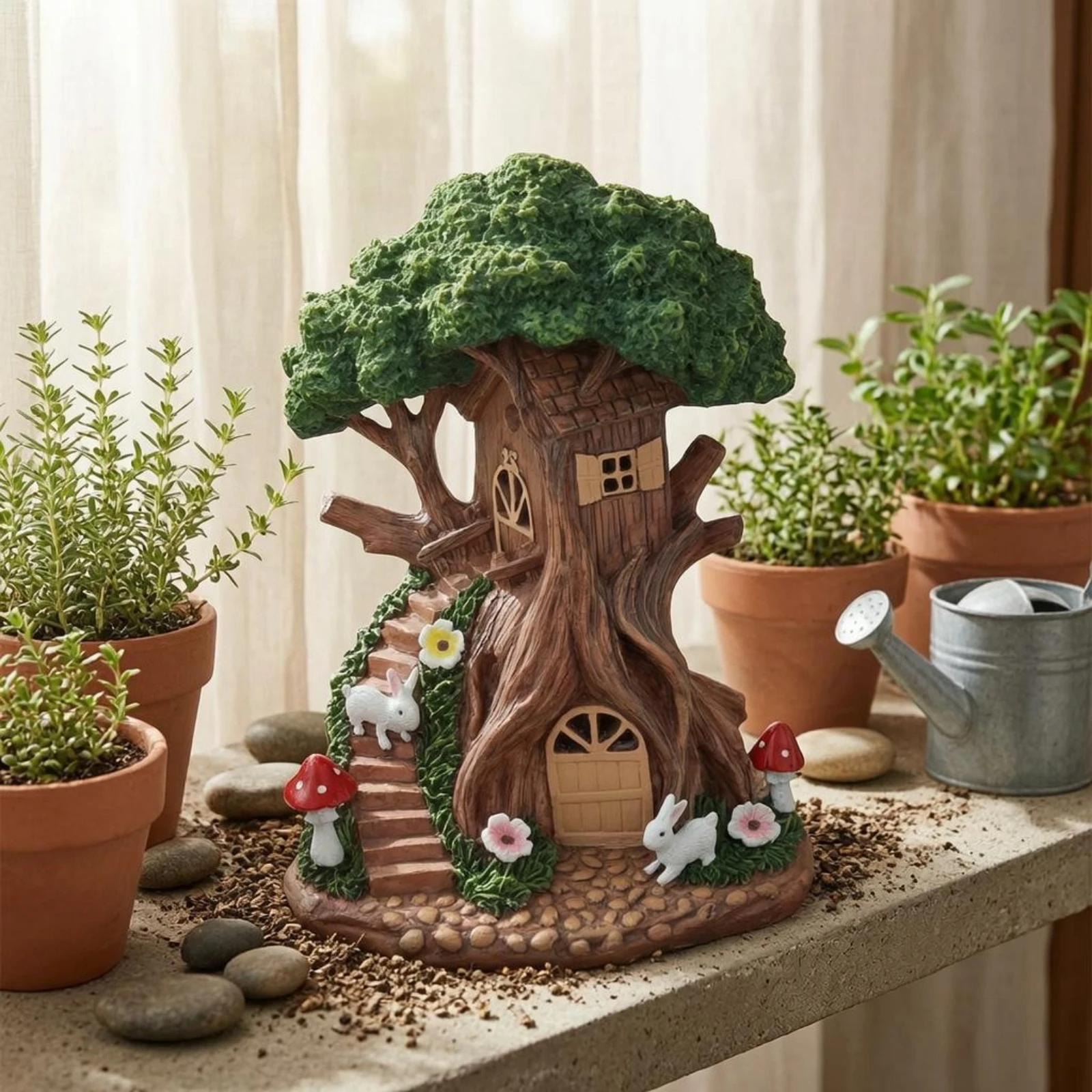 Solar Rabbit Garden Statue Resin Solar Tree House Treehouse Figurine Leafy Canopy Miniature Ornament Decorative view 6
