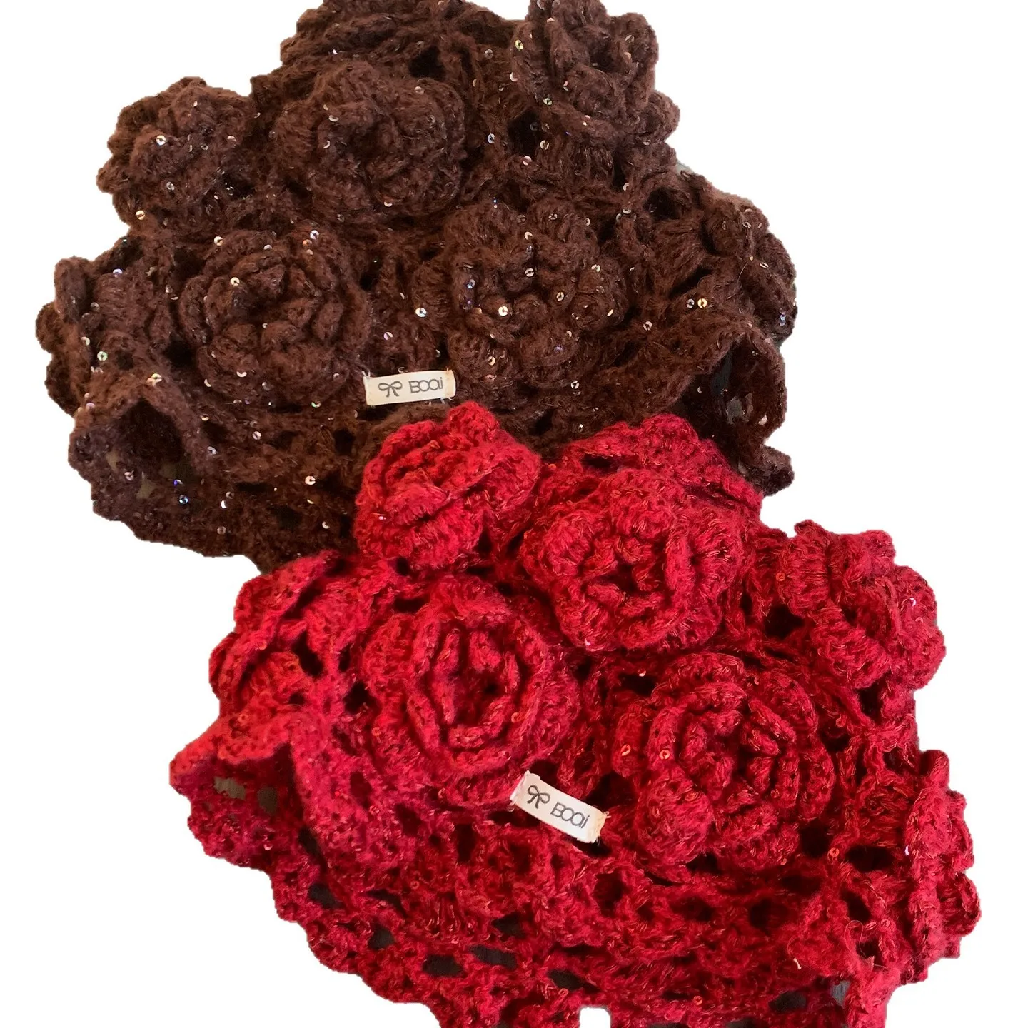 Handmade Crochet 3D Flower Hollow Out Knitting Beanies Cap Women High Street Beret Cap Spring Knited Sequined Skullies Beanies