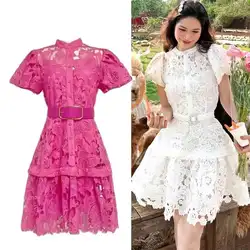 Women Summer Hollow Out Casual Chic Mini Lace Dress Short Sleeve Lady Streetwear Elbise Belt Frocks Fashion Design Embroidery