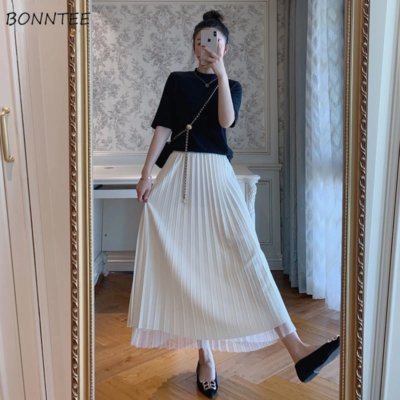 

Skirts Woman Ankle-length Simple Solid Gauze Pleated Elegant All-match Korean Empire Female Sweet Spring New Trendy Cozy