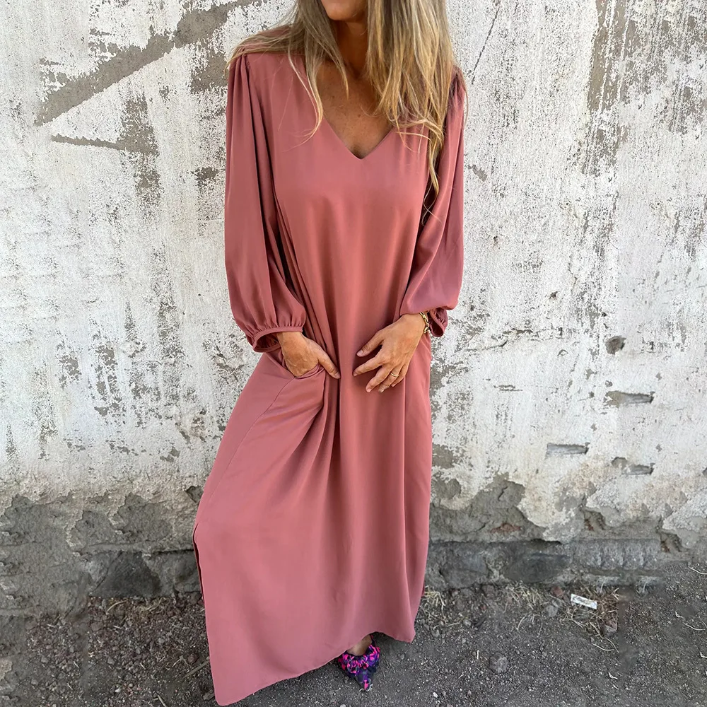 

2025 Spring Summer Elegant Women Loose Long Dress Chic Y2K Casual Long Lantern Sleeve V Neck Solid Color Maxi Dress Streetwear