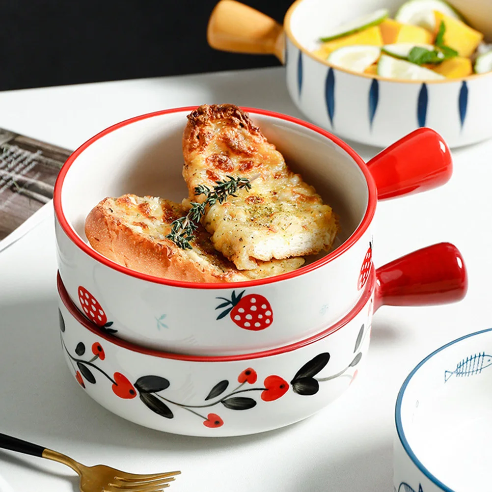 

1Pcs Ceramic Baking Bowl with Handle Suitable for Kitchen Dining Dormitory Soup Salad Fruit Microwave Oven Household Serving