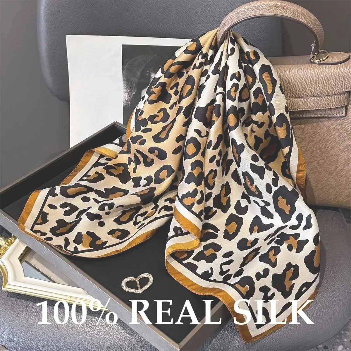 

New 100% Real Silk Square Scarf Leopard Print Scarves Luxury Summer Sun Protection Shawl Wrap Foulard Bandana Pashmina Poncho