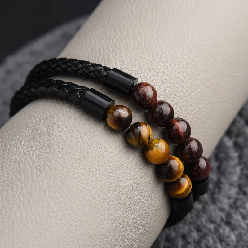 Fashion Men Bracelet Natural Yellow Tiger Eyes Beads Braided Leather Stainless Steel Magnetic Clasp Bracelets Male Jewelry Gift