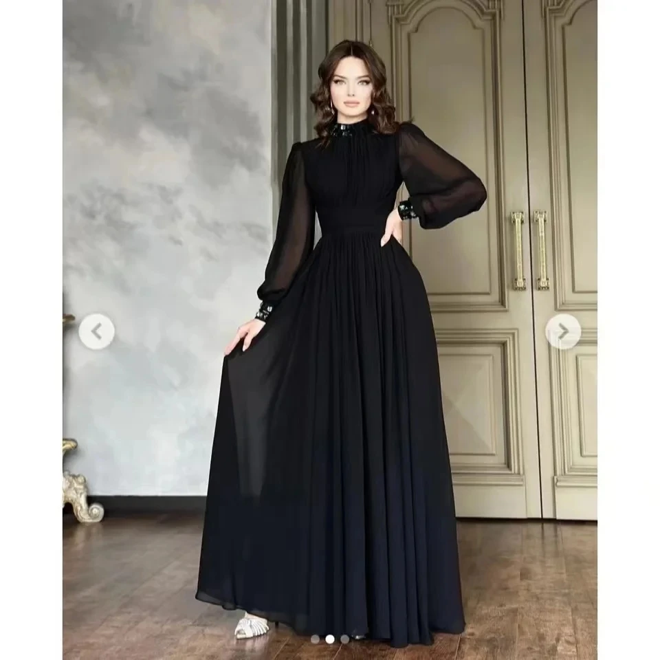 2024 nuova estate autunno abito lungo in Chiffon elegante donna colletto alla coreana diamanti lanterna manica a vita alta Prom Party Robe Vestidos