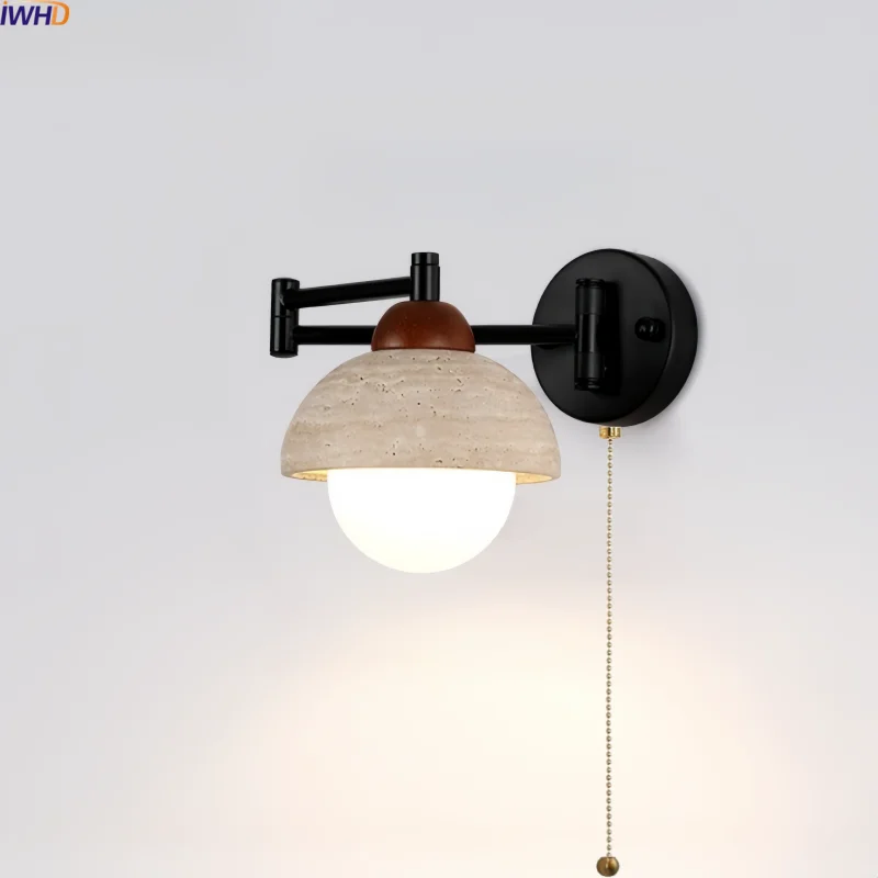 

IWHD Yellow Travertine Interior LED Wall Light Fixture Black Iron Arm Glass Modern Nordic Bedroom Bedside Lamp Lampara De Pared