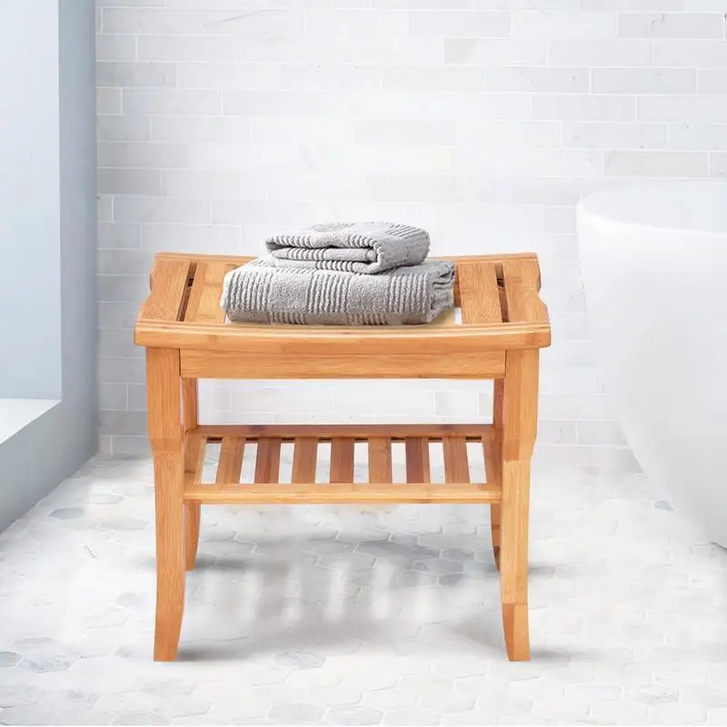 

Bathroom Bamboo Shower Chair Bench with Storage Shelf