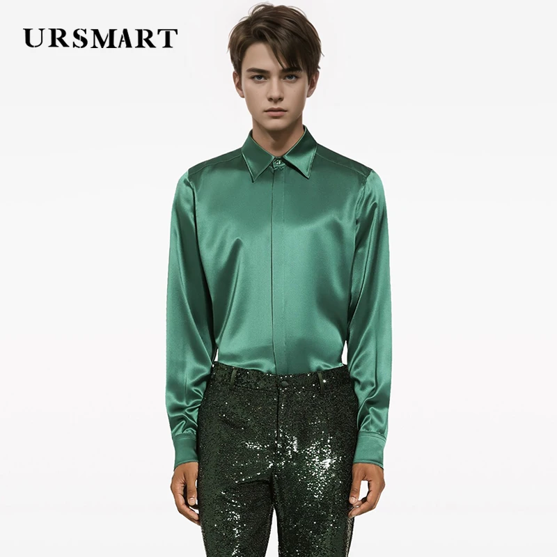 Men's Classic Dark Green Mulberry Silk Shirt – Elegant British Fashion High-Quality Custom Silk