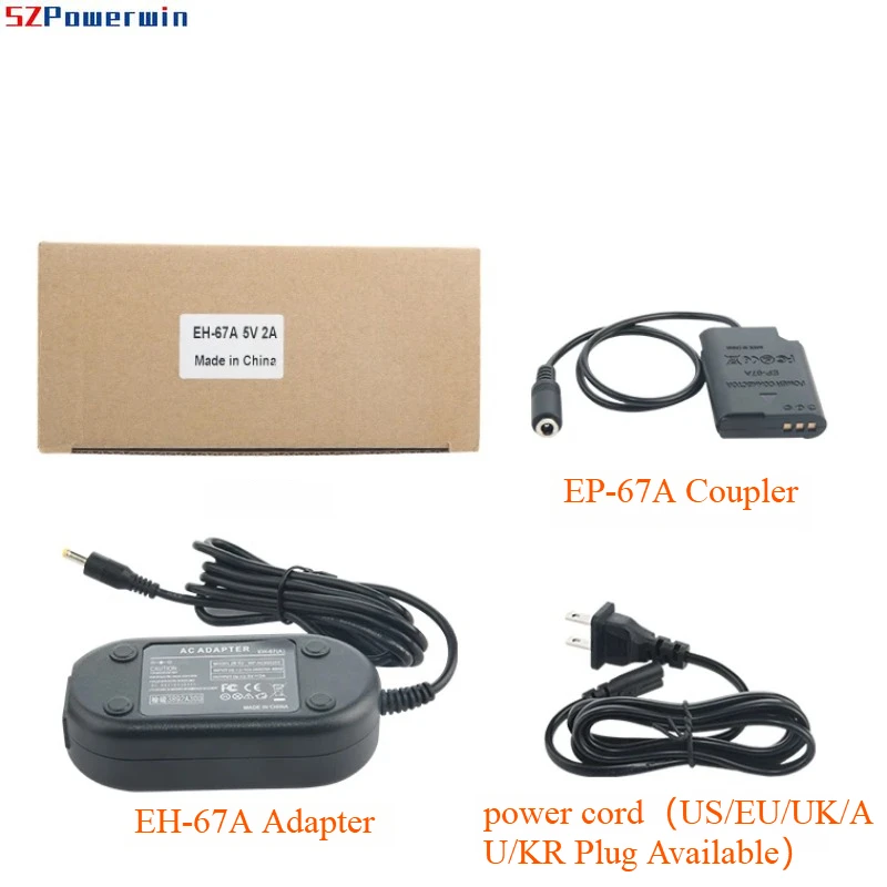 EP-67A 카메라 AC 어댑터에는 Nikon Coolpix P600 S810C B700 P900S용 EH-67A 어댑터, EN-EL23 더미 배터리 및 전원 코드가 포함되어 있습니다.