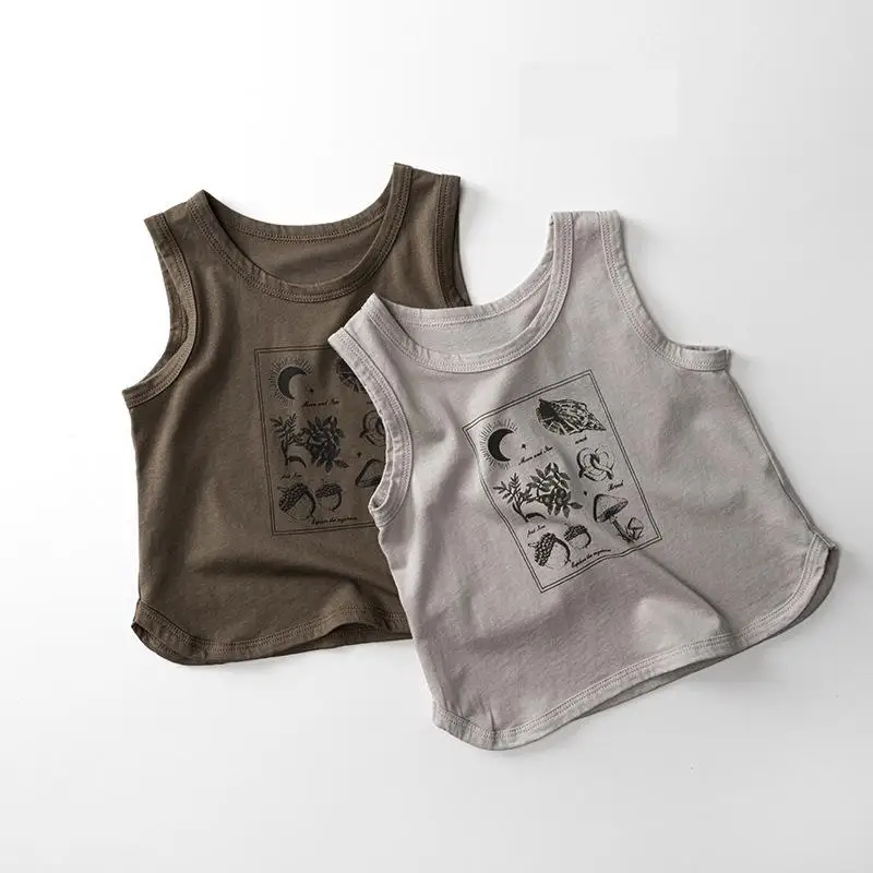 

2025 Summer New Children Sleeveless Vest Cotton Boys Vintage Versatile Vest Cartoon Print Kids Girls Casual Tops Baby Clothes