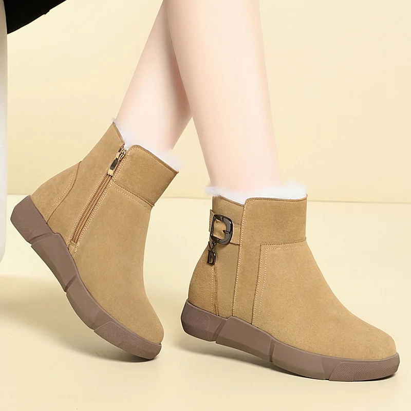 Damskie ocieplane skórzane śniegowce z futerkiem, zimowe, ciepłe, niskie, sportowe, codzienne, z gumową podeszwą i wełnianą wyściółką.