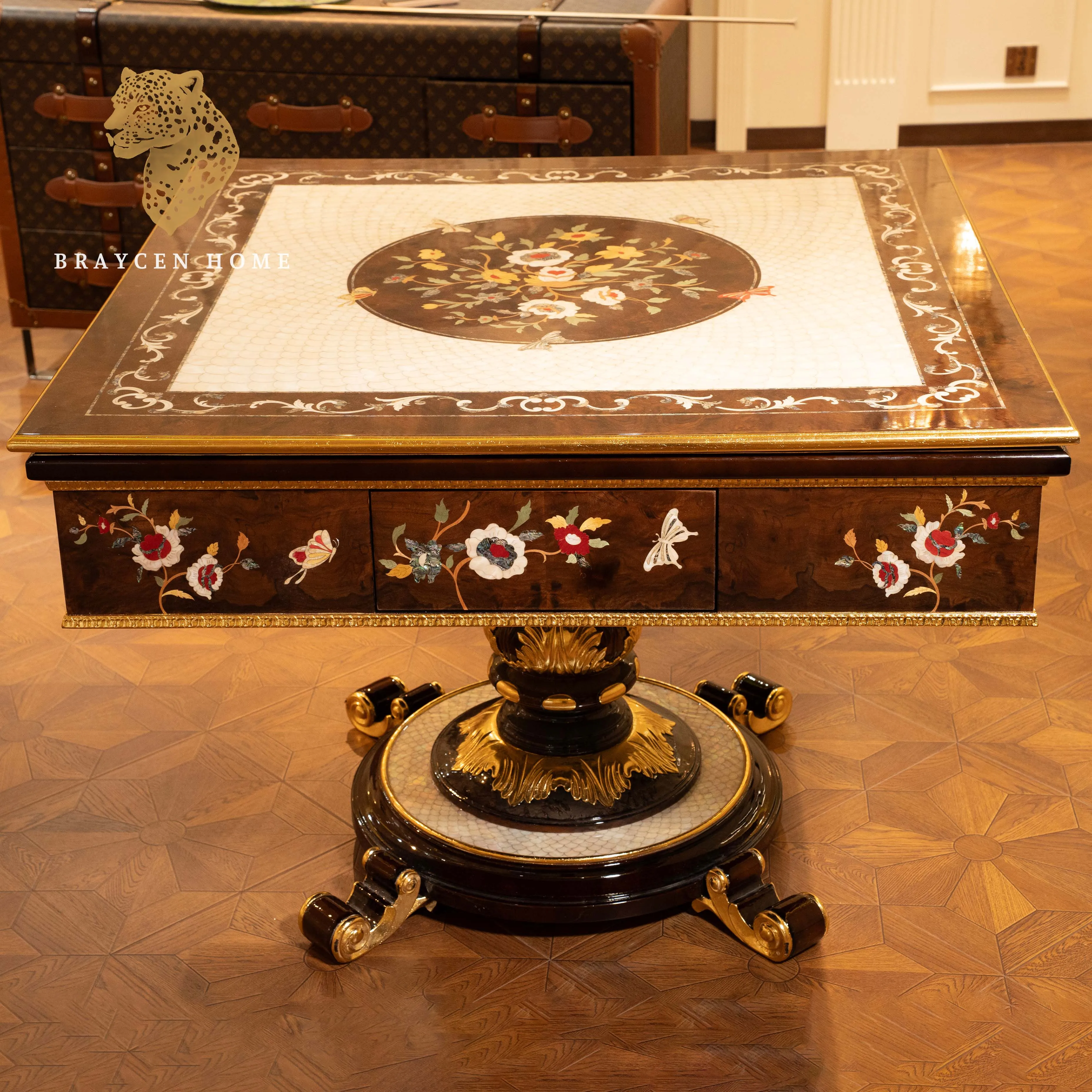 

Американский королевский красный деревянный инкрустированный ракушками, полностью автоматический стол для маджонга, обеденный стол, электрическая машина для маджонга двойного назначения с местом для хранения