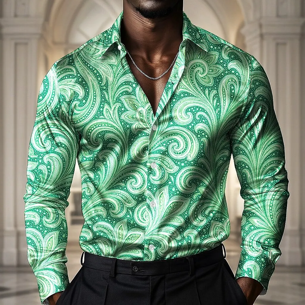Men Long Sleeve Button Down Shirt Black Golden Baroque Paisley Scroll Print Polyester Lapel Collar Banquet Party