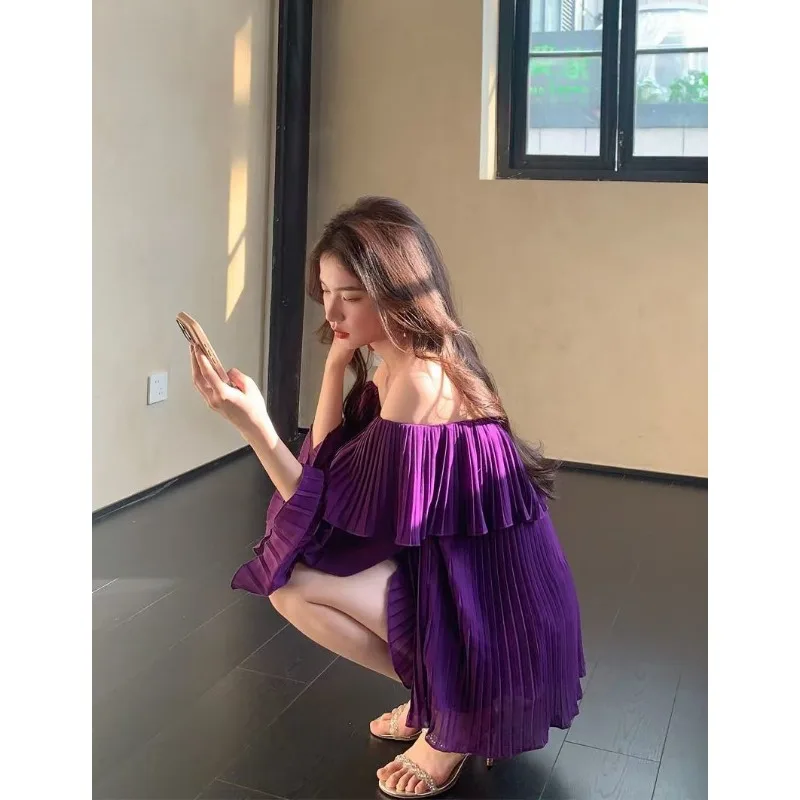 بلوزة مثيرة مكشكشة باللون الأرجواني بكتف واحد للنساء في بلوزات صيفية بمزاج شهوة نقي قميص شيفون مكشوف الأكتاف للتخسيس #5