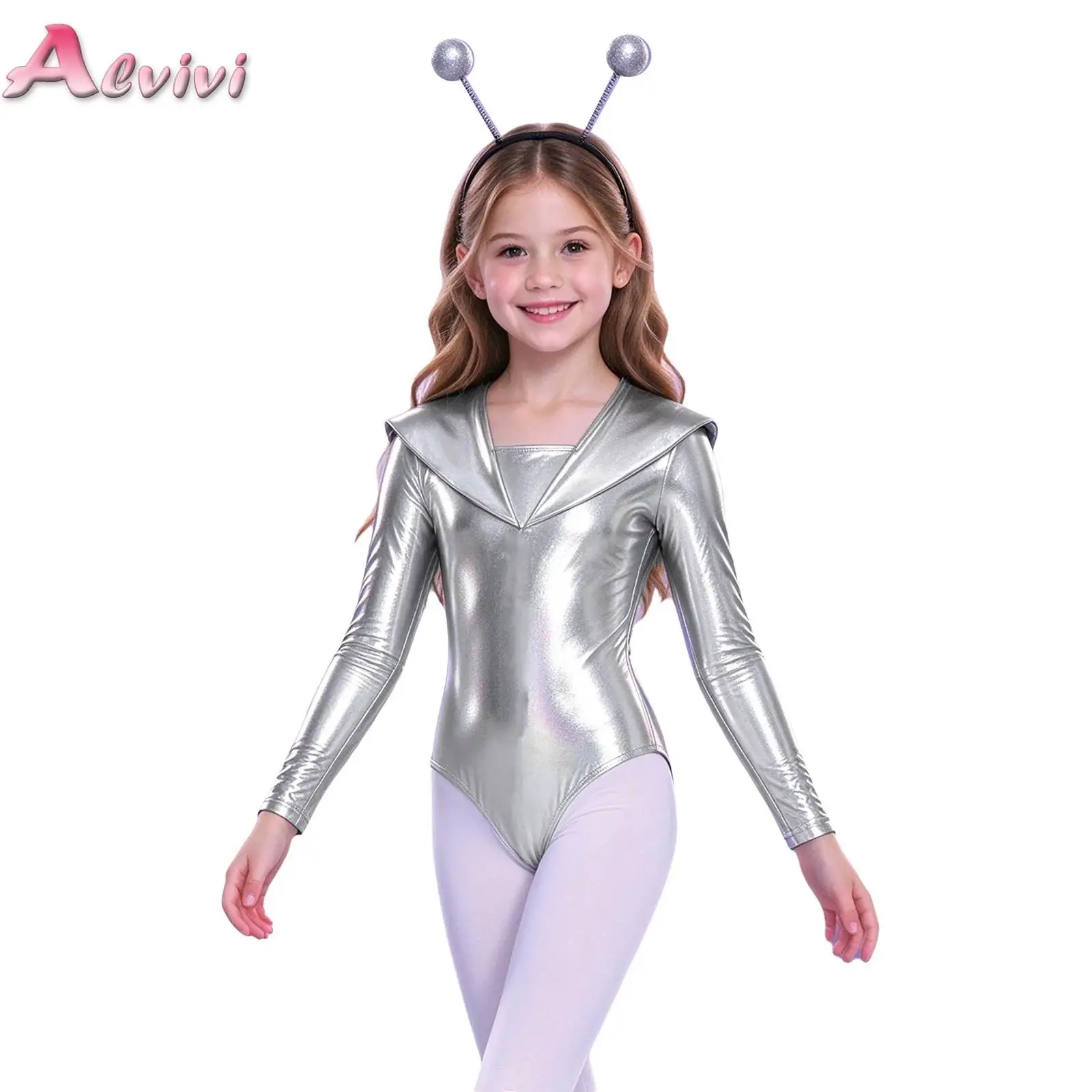 Kids Girls Alien Costume Long Sleeve Cutout Metallic Ballet Gymnastics Dance Leotard with Hair Hoop Outfits for Carnival Party
