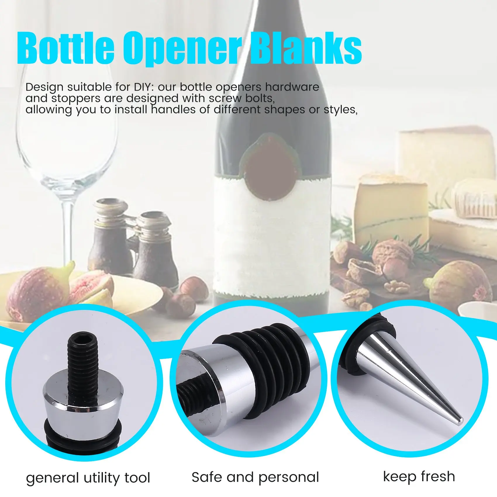M12K-Wine Stopper,Blank Bottle Opener Chrome Bottle Stopper Opener Set Hardware For Wedding Wine Party Wood Turning DIY