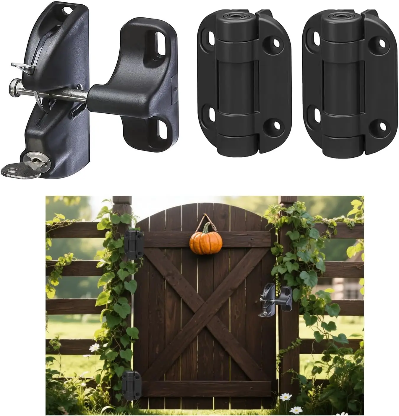 

Double-Sided Auto Lock Gate Latch with 2pcs Adjustable Tension Hinges,Loquet Porte Piscine Key Lockable Fence Lock for Secure