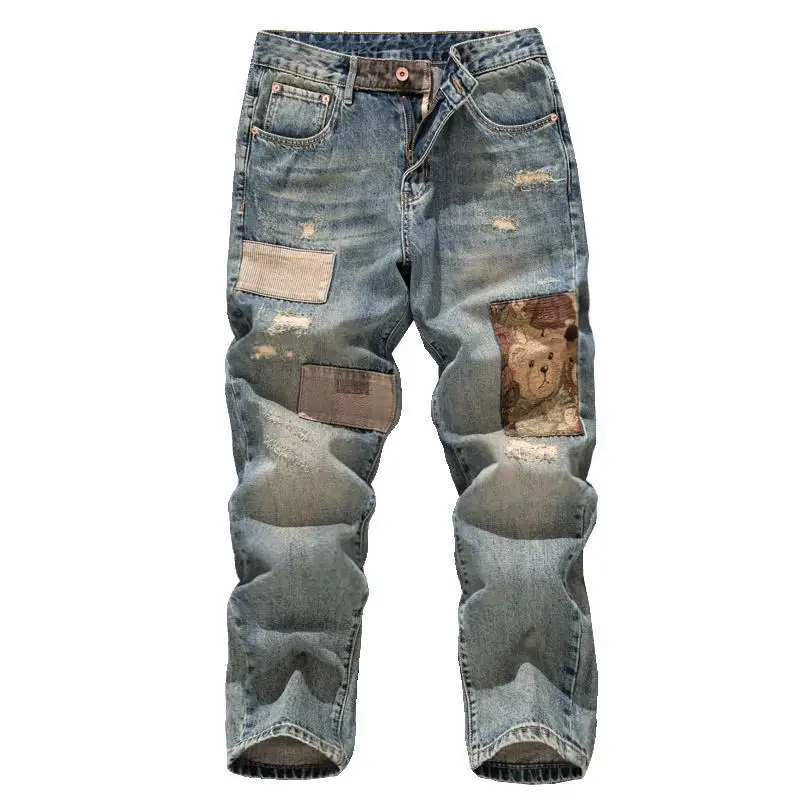 Loose straight leg jeans for men, retro distressed patch, embroidered teddy bear print, Korean fashion pants