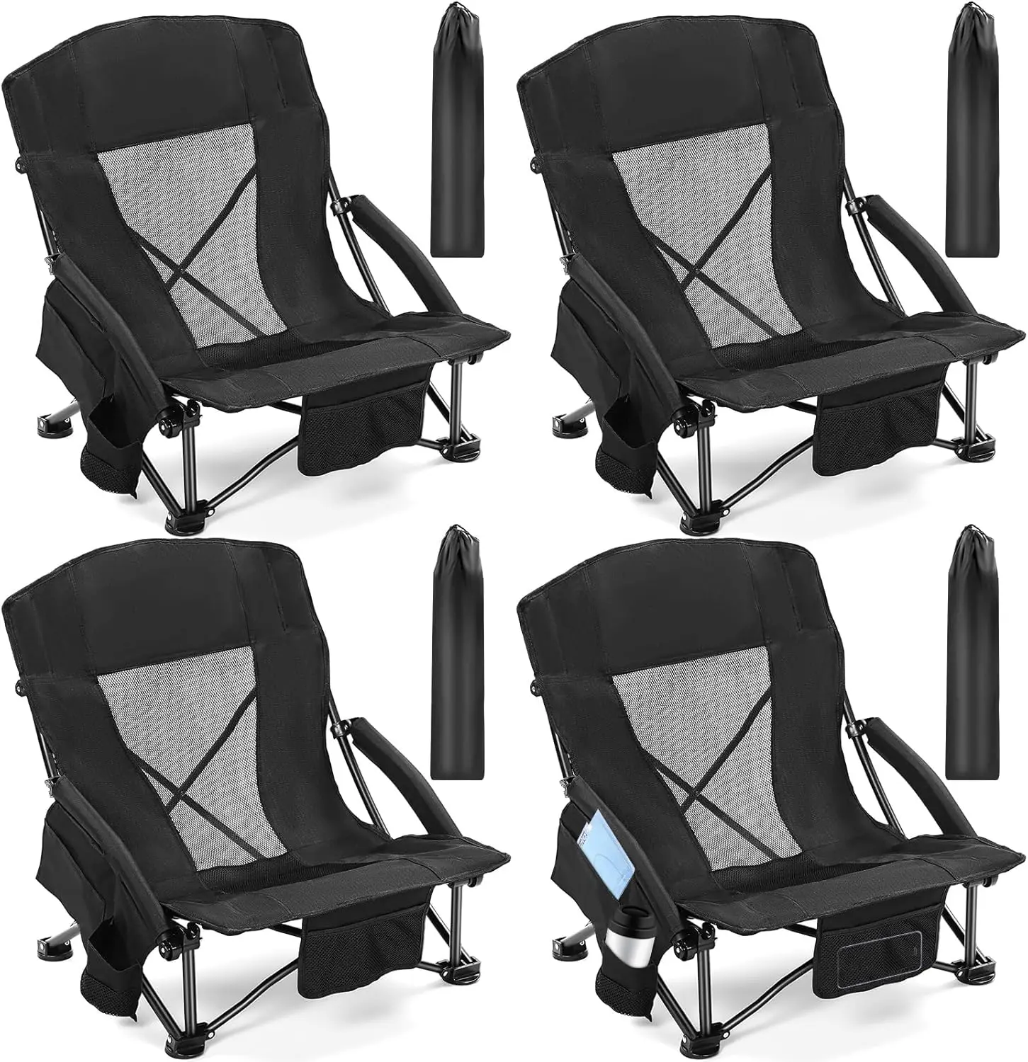 

4 Pcs Low Beach Chairs For Adults With Cup Holder Magazine Bag, Carry Bag Folding Portable Camping Chairs With Mesh Ba Low Seat