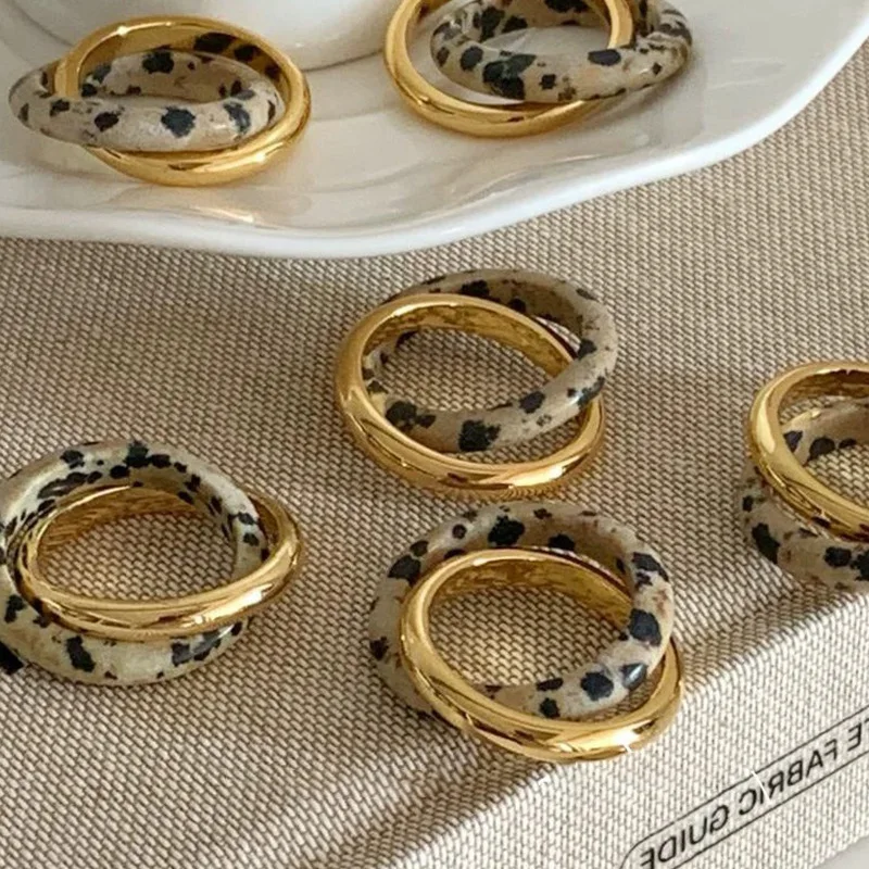Minar INS Fashion Double Layers Spotted Natural Stone Metal Round Circle Cocktail Rings for Women Gold Plated Alloy Finger Ring