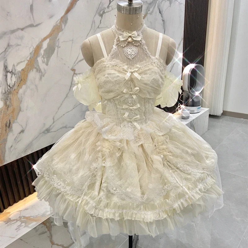 Dolci giapponesi Lolita Jsk abiti Kawaii donna Vintage elegante pizzo maglia principessa Strap Dress Harajuku Lolita abbigliamento europeo