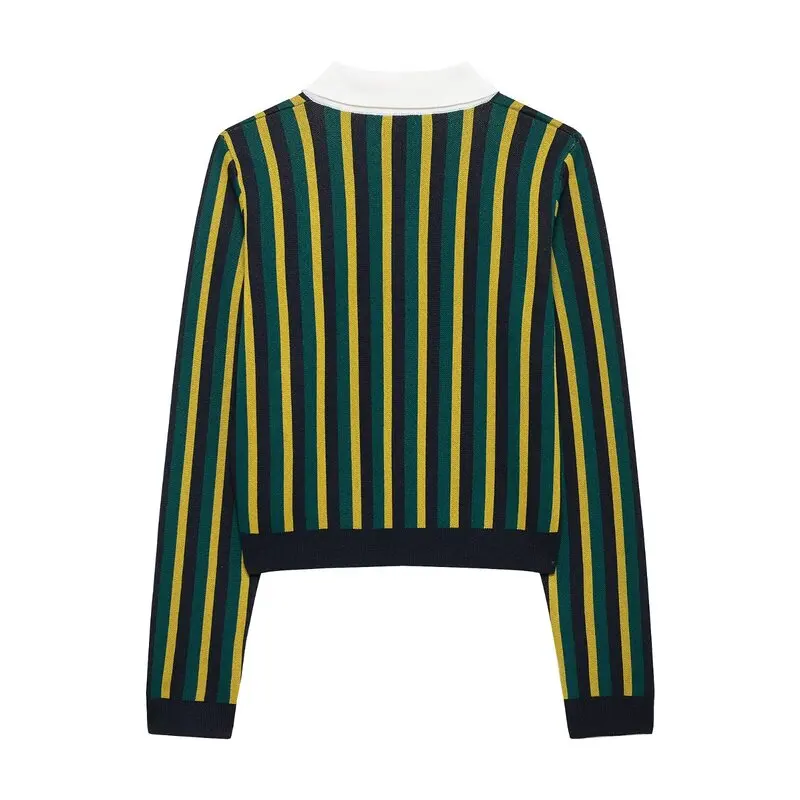 

Spring 2025 New Women's Knitted Long Sve irt Collar Turn-down Striped Knitwear Regular Length Commute Sle