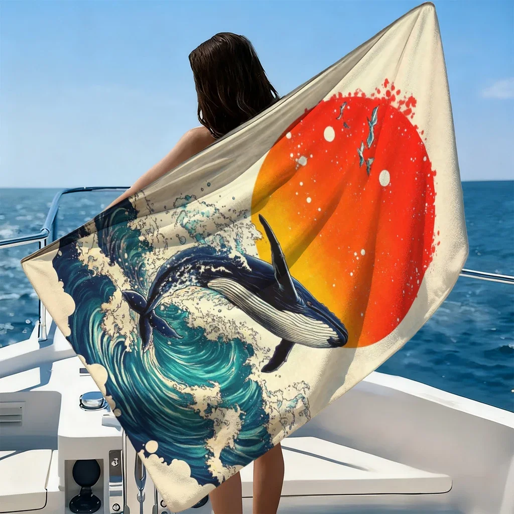Japan Surfing Pattern Beach Towel Design of Red Sun&Wave Quick-drying Towel Suit for Seaside Pool Camping Yoga Gift For Friends