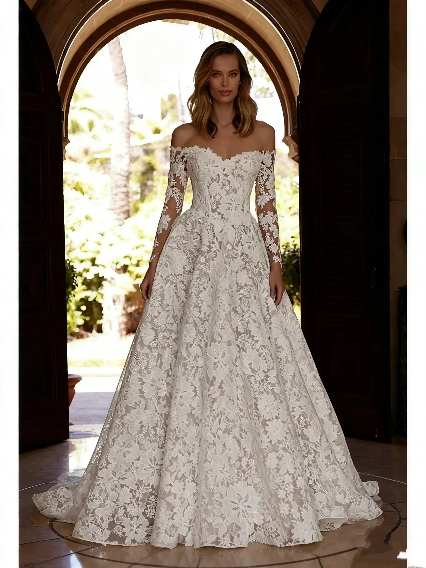 

Elegant White A-Line Lace Decal Women's Wedding Dress Sexy Off Shoulder Long Sleeved Bridal Down Vestido De Novia Customized