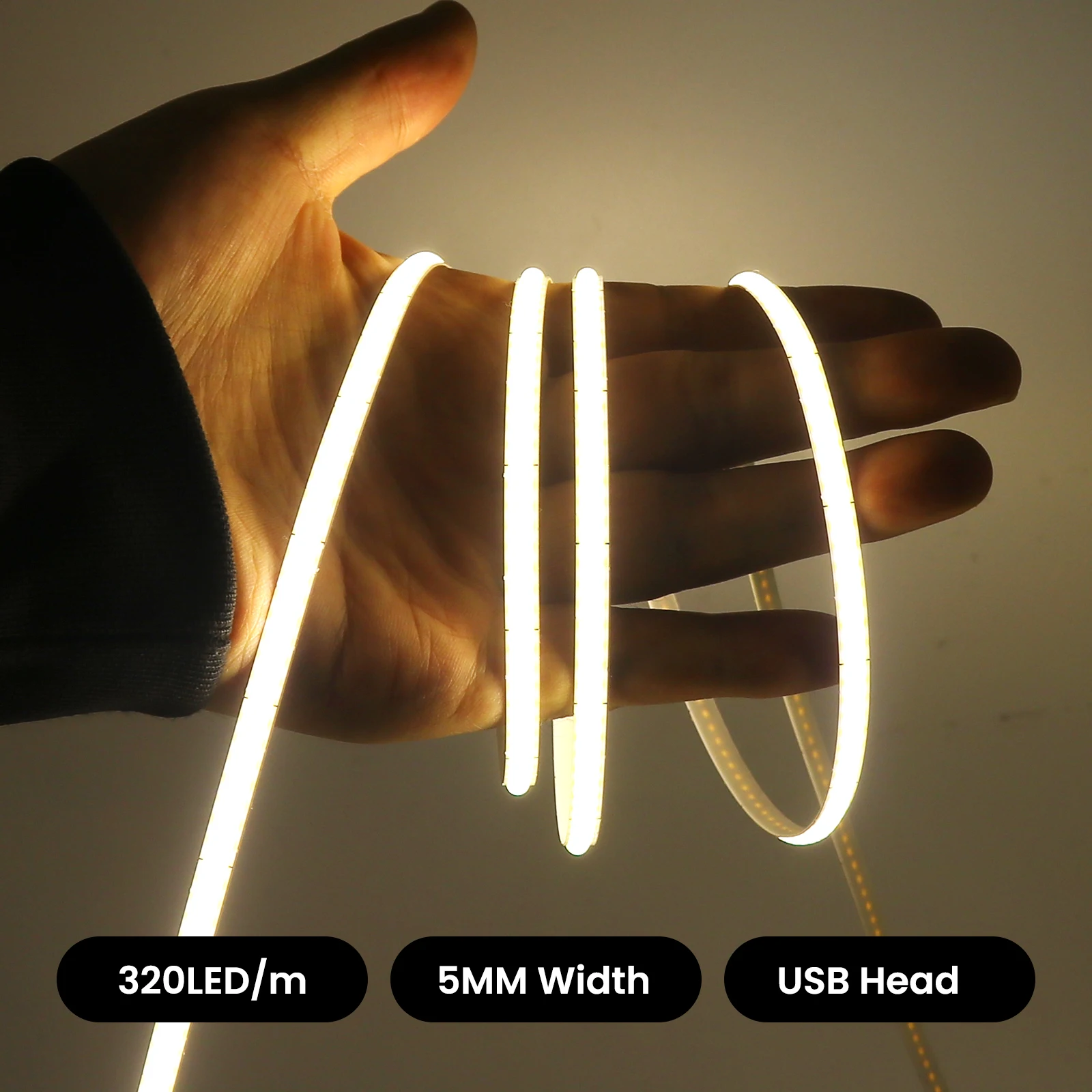 5V 3MM 5MM 8MM COB LED Strip Light 320LEDs/M Button Battery Powered Flexible Adhesive Tape Diode Lamp Cold Natural Warm White