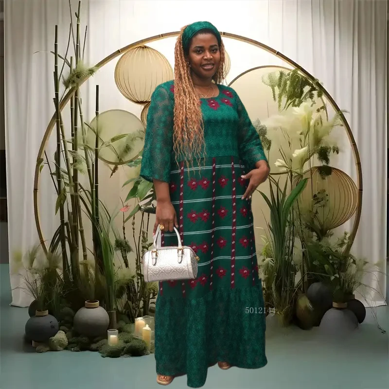 

African Dresses for Women Plus Size Tradition Embroidery Bazin Wedding Party Dress Ankara Lace Robes Africa Clothing 2025