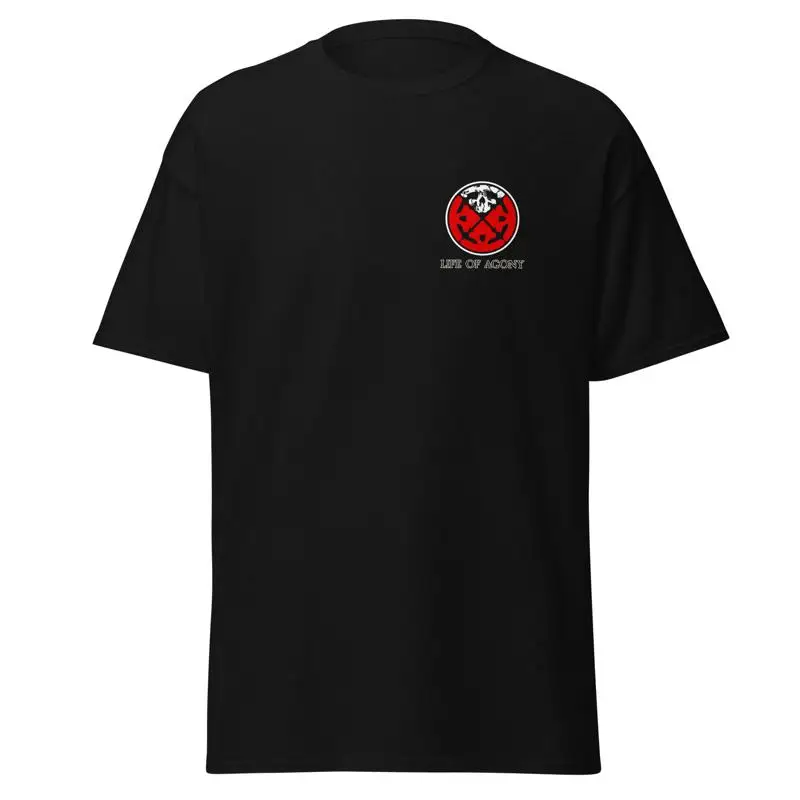 La vida de Agony Respect 1991 Demo River corre camiseta roja con estampado frontal y trasero