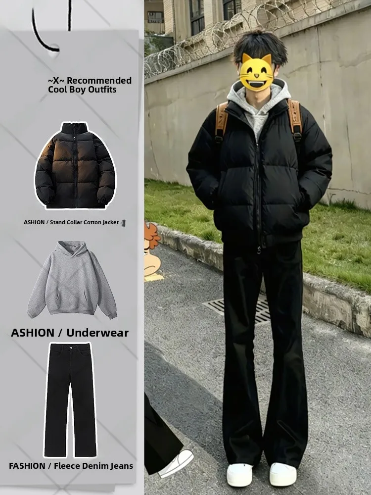 

Мужская черная легкая хлопковая куртка с воротником-стойкой, укороченная, теплая, объемная, повседневная, свободного кроя, из полиэстера, для зимнего образа OOTD